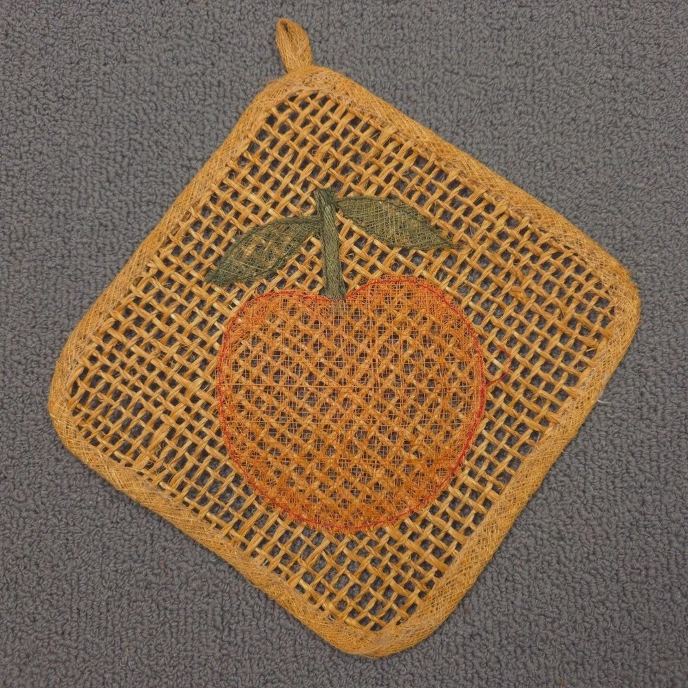 Vintage Woven Straw Peach Trivets Pot Holders Set of 4 Orange Tan‎ Boho Kitchen